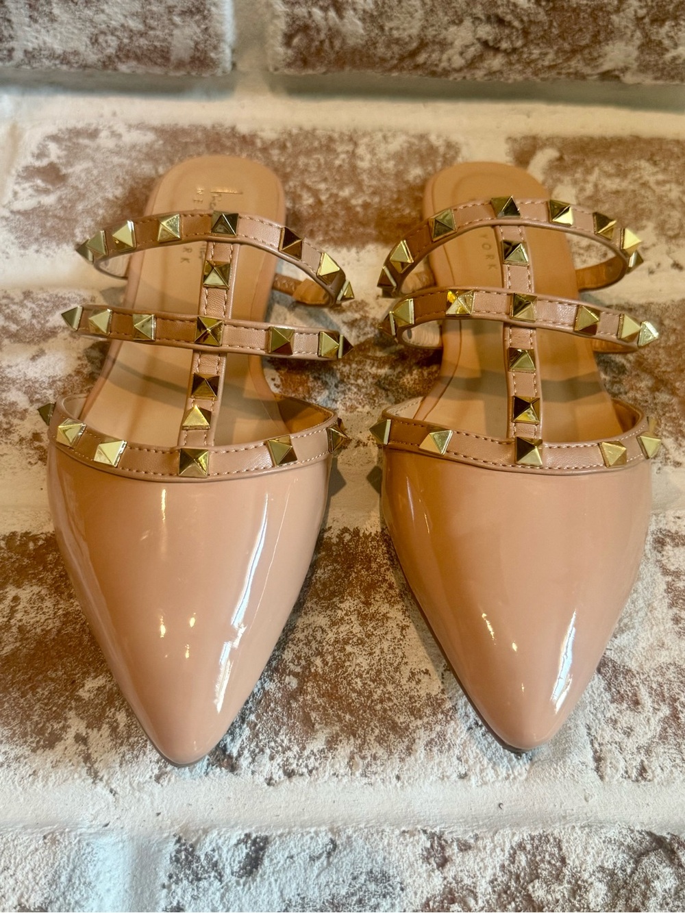 Nicole Miller New York,  Studded Pointed-Toe Nude Patent Slide - Women